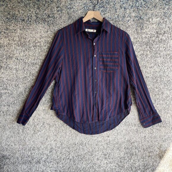 AMO Shirt Womens XS Blue Red Striped Button Down Made in USA Long Sleeve Pocket - Picture 1 of 6